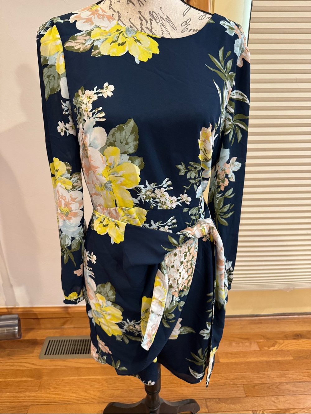 Lulu's Navy Floral Tie-Detail Long Sleeve Dress